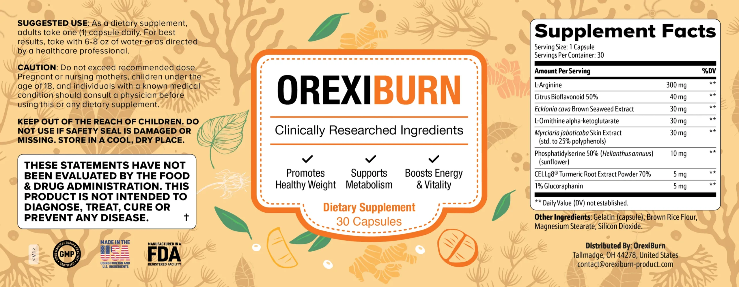 Detailed infographic showcasing OrexiBurn natural ingredients and their role in appetite control and fat oxidation.